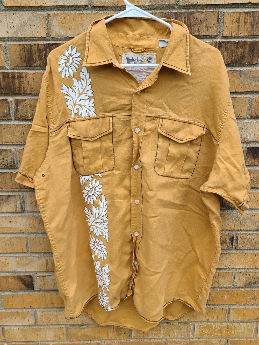 Timberland Linen Shirt XL Mustard Floral Button Up Workwear Summer